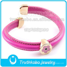 Pulseira de couro pu rosa esmalte flor pingente de aço inoxidável rosa pulseira de couro clap